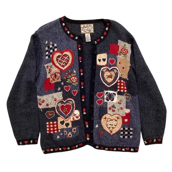 VNTG heirloom Collectibles Heart embroidered Cardigan Sweater Large blue - Picture 1 of 5